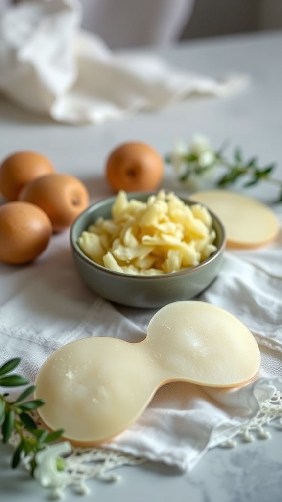 A bowl of grated potatoes with potato slices for a natural eye mask on a soft cloth.